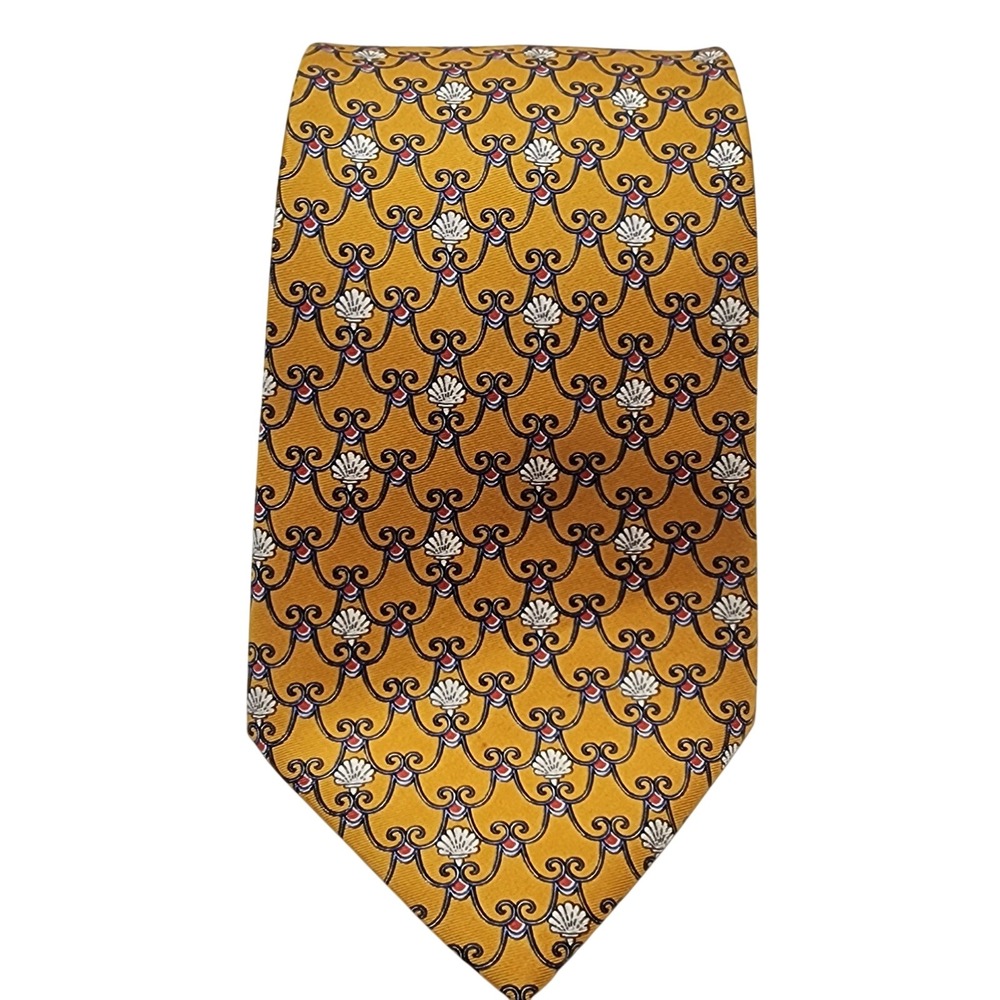 OLIMPO Mens 100% Silk Necktie Tie Yellow Scallop Shell Print Tie 3.5" x 58"